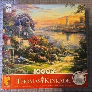 NIB Ceaco Thomas Kinkade New England Harbor 1000 Pc Jigsaw Puzzle With Poster
